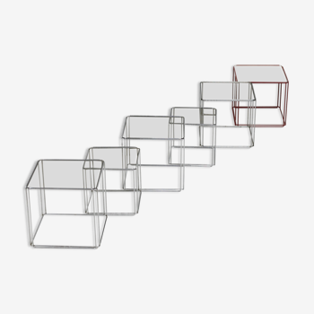 Ensemble de 6 tables d'appoint de Max Sauze, acier et verre, France circa 1970