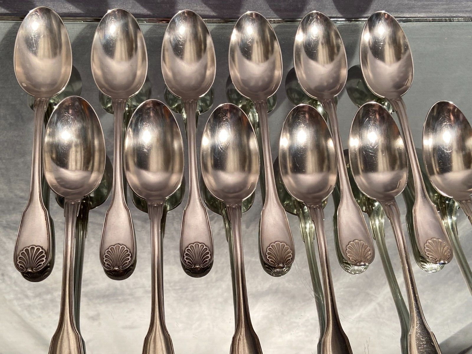 Suite of 12 large spoons silver metal decoration shell Louis XV Boulenger