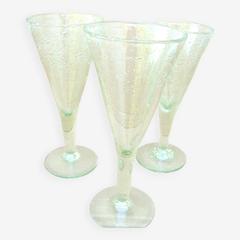 3 verres à pied en verre soufflé bullé transparence jaune biot vin eau cocktail