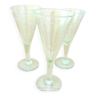 3 verres à pied en verre soufflé bullé transparence jaune biot vin eau cocktail