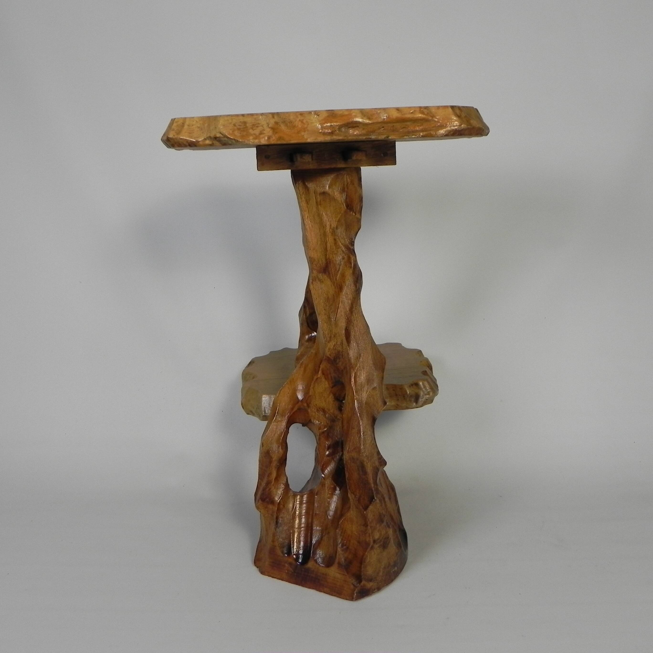 Plant table with 2 shelves, vintage wooden sculpture, USA 1950s