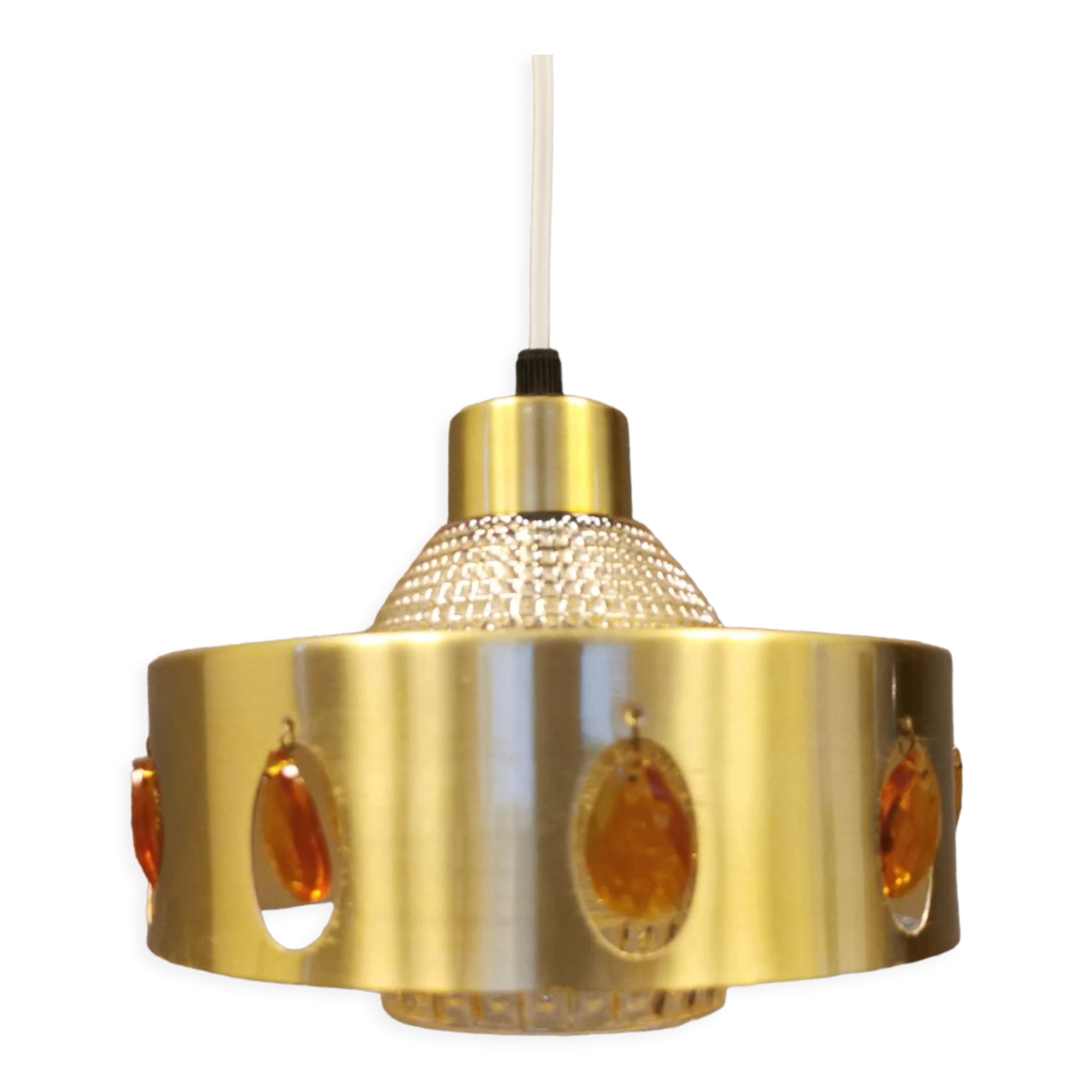 Danish hanging lamp made of glass, metal and with colored prisms