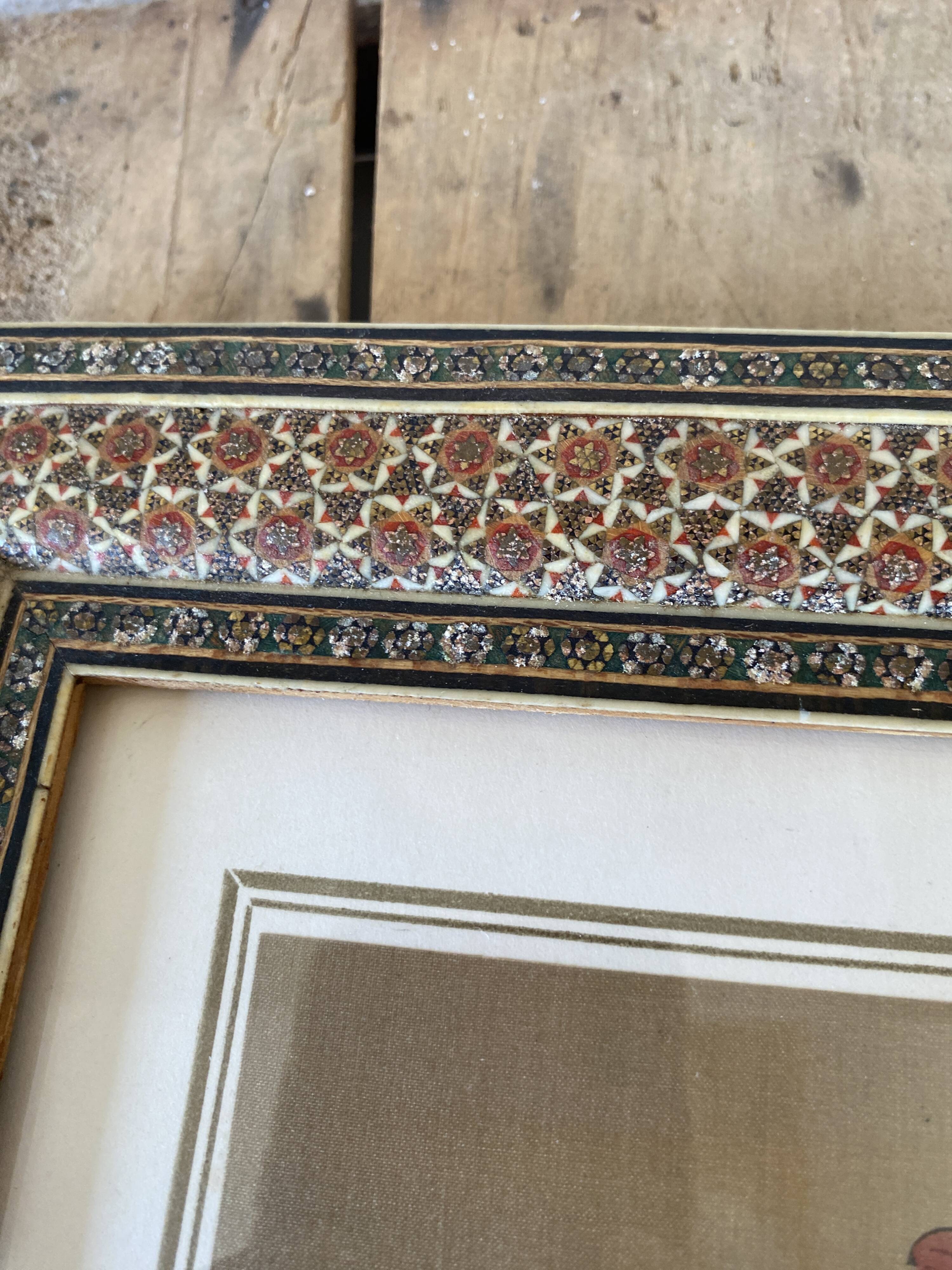 Ornithological painting, marquetry frame