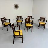 Lot de 6 chaises bistrot fauteuils en bois et simili jaune vintage année 80