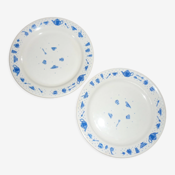 Lot de 2 assiettes décor naïf bleu sur fond blanc