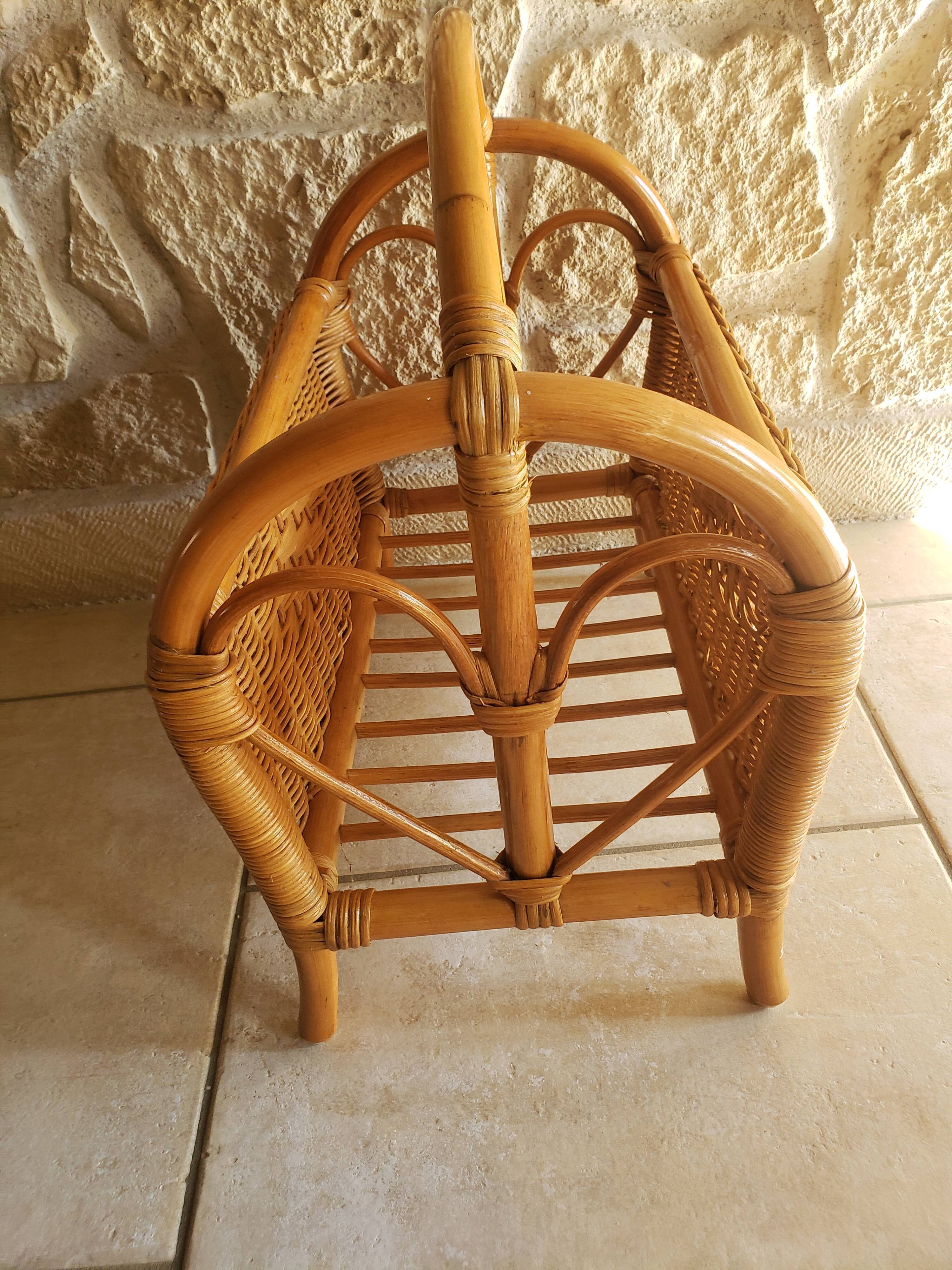Vintage magazine holder in honey-colored rattan marrow