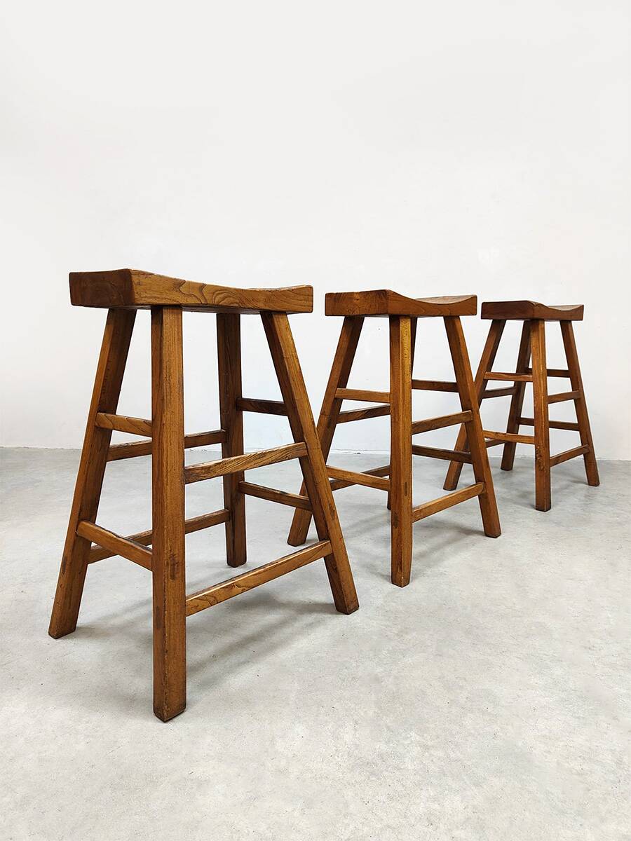 Brutalist vintage wooden curved bar stools