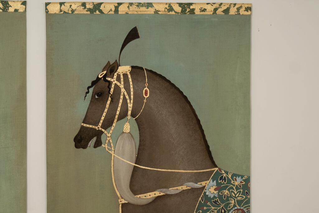 Painted canvas featuring a brown-coated Indian horse in profile. Contemporary.