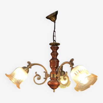 Chandelier with three glasses in brass and glass