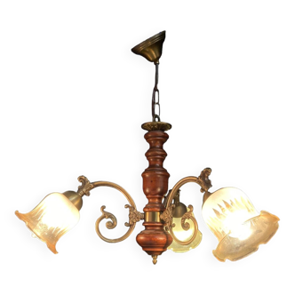 Chandelier with three glasses in brass and glass