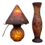 Signed lamp and vase, Tip Gallé – Acid-etched glass – Art Nouveau