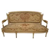 Louis XVI style bench in white and gold lacquered wood, upholstered with tapestry