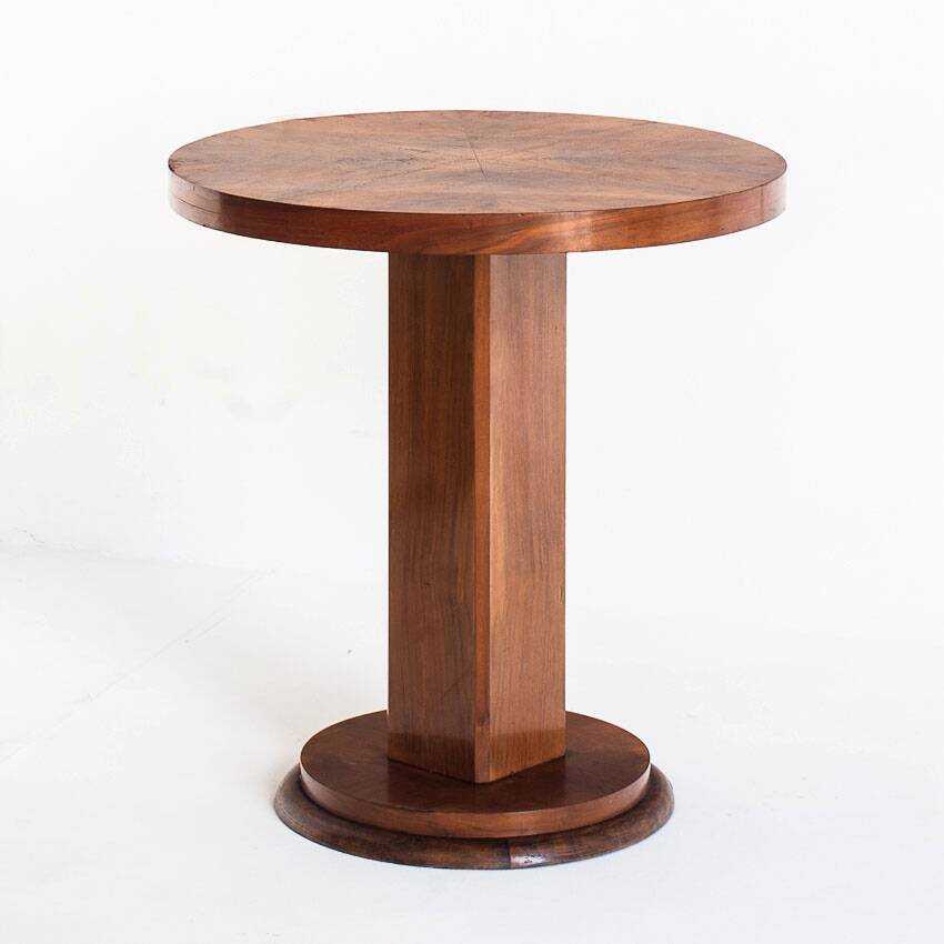 Art Deco style pedestal table in walnut wood veneer. France, 40's