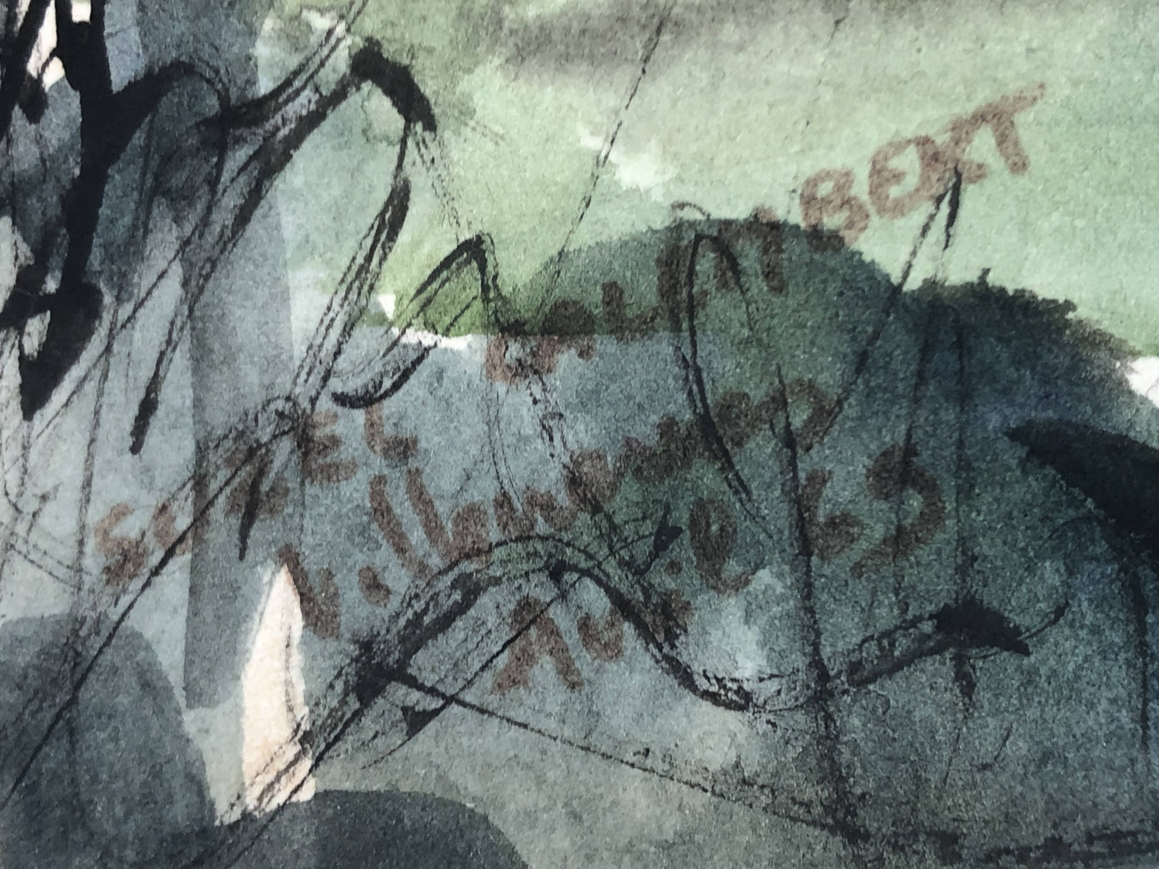 Watercolor & black ink landscape of villecresnes 94 val de marne, pylons, signed suzel calembert