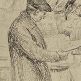 Etching, drawing, engraving, the bookseller, Henri le Riche, notre dame