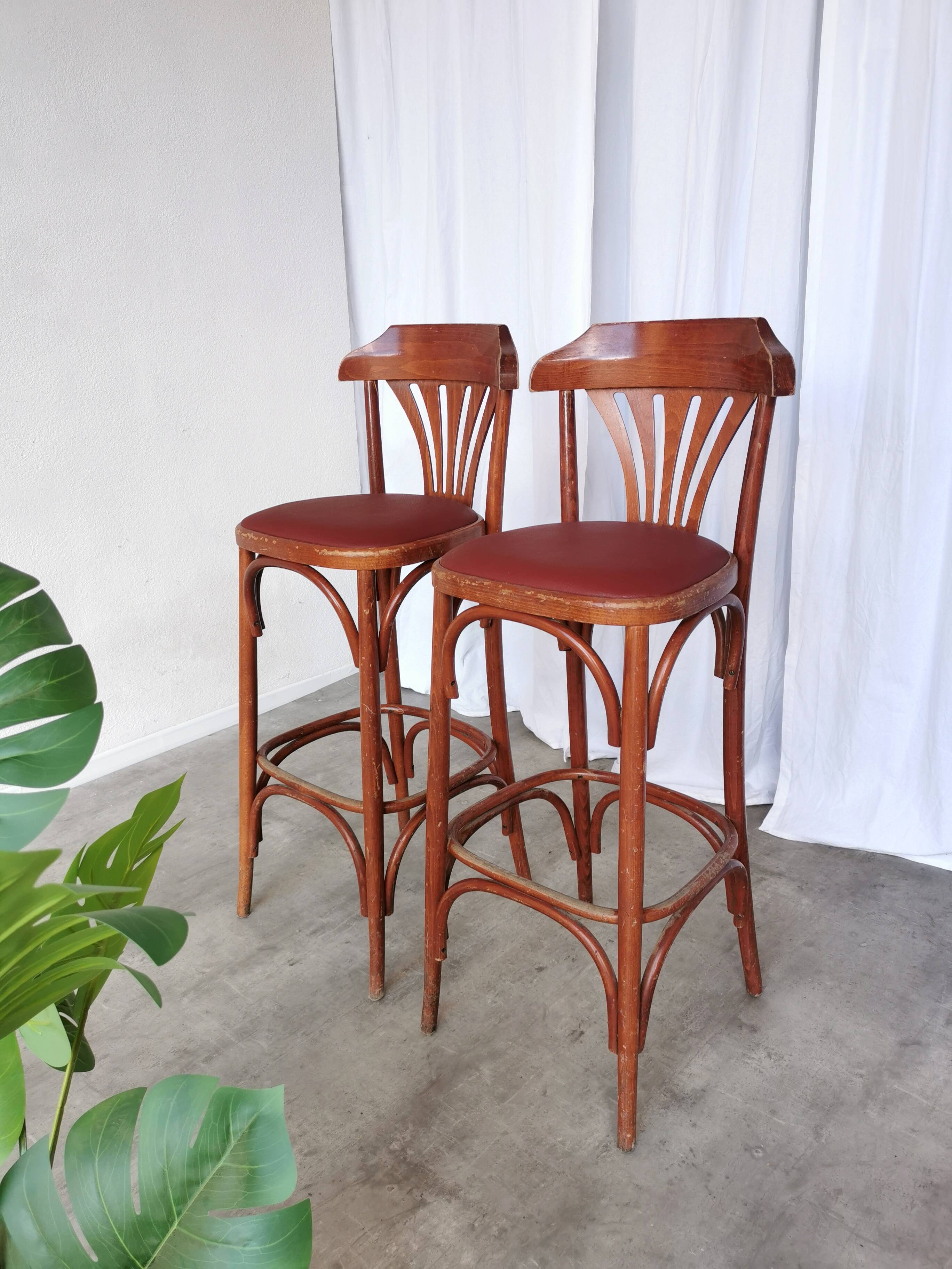 Mid-Century Thonet Style Bar Stools: Red Faux Leather Seat, Set of 2