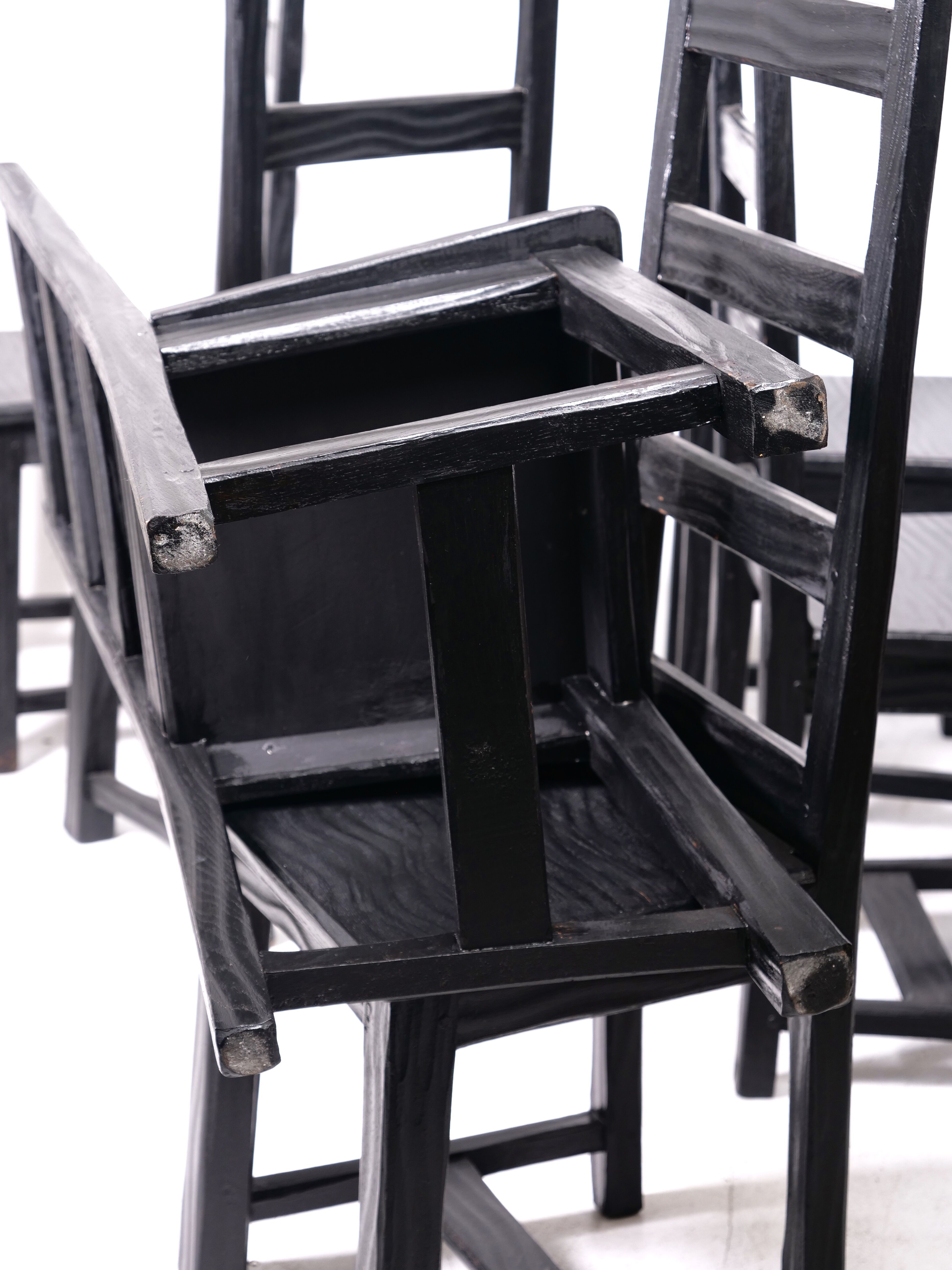 Set of 6 black brutalist chairs in solid oak