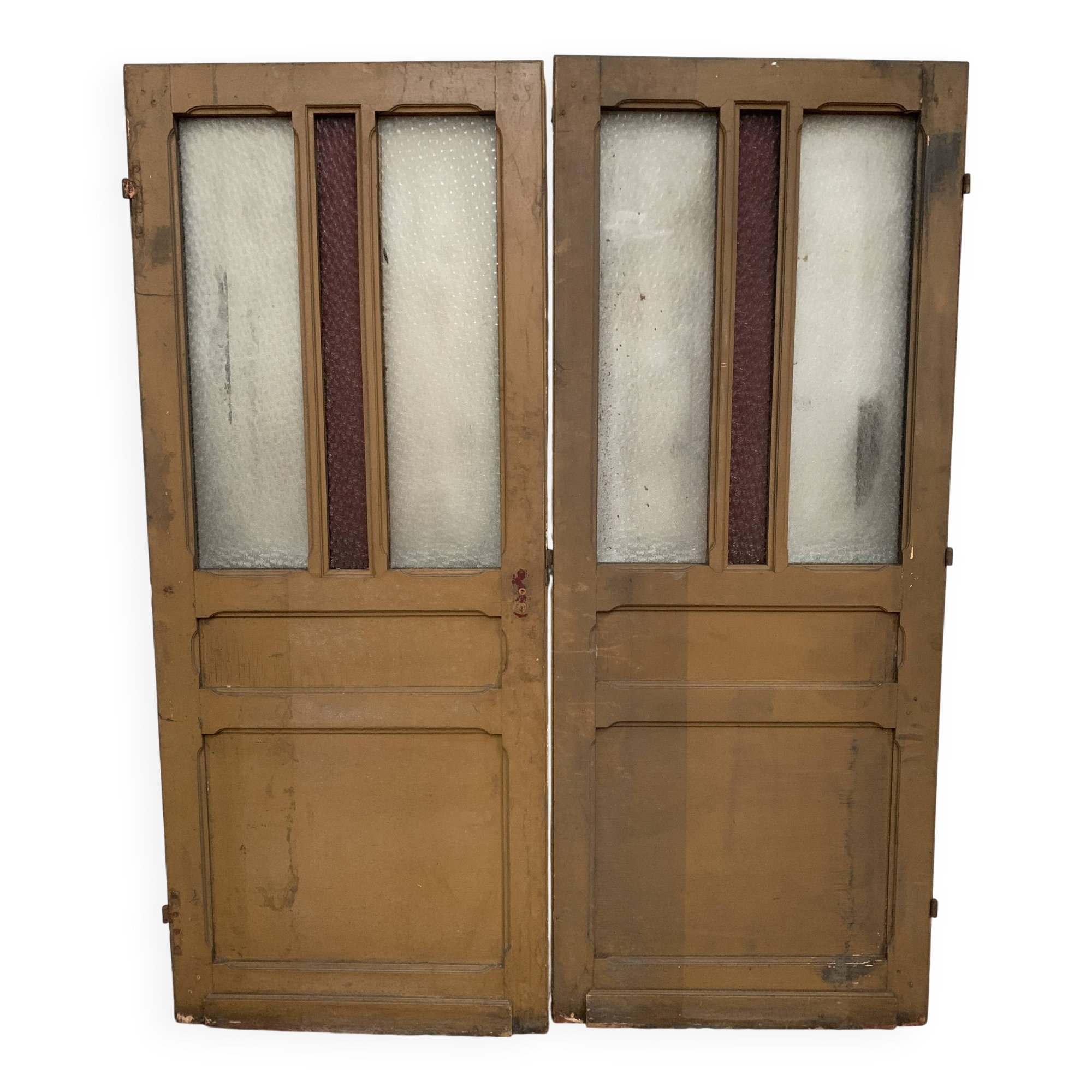 Double glass and patinated fir passage doors, 20th century