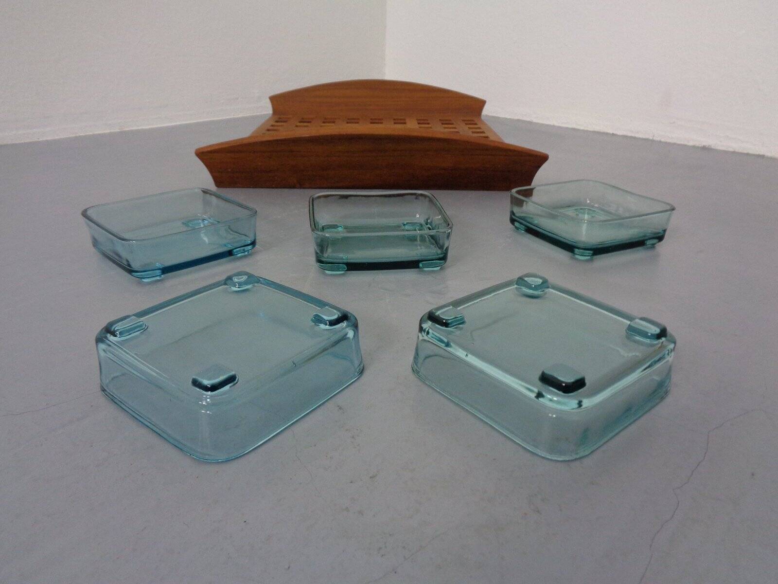 Teak tray with glass bowls by Jens Quistgaard for IHQ Dansk Designs, 1960s, set of 6.