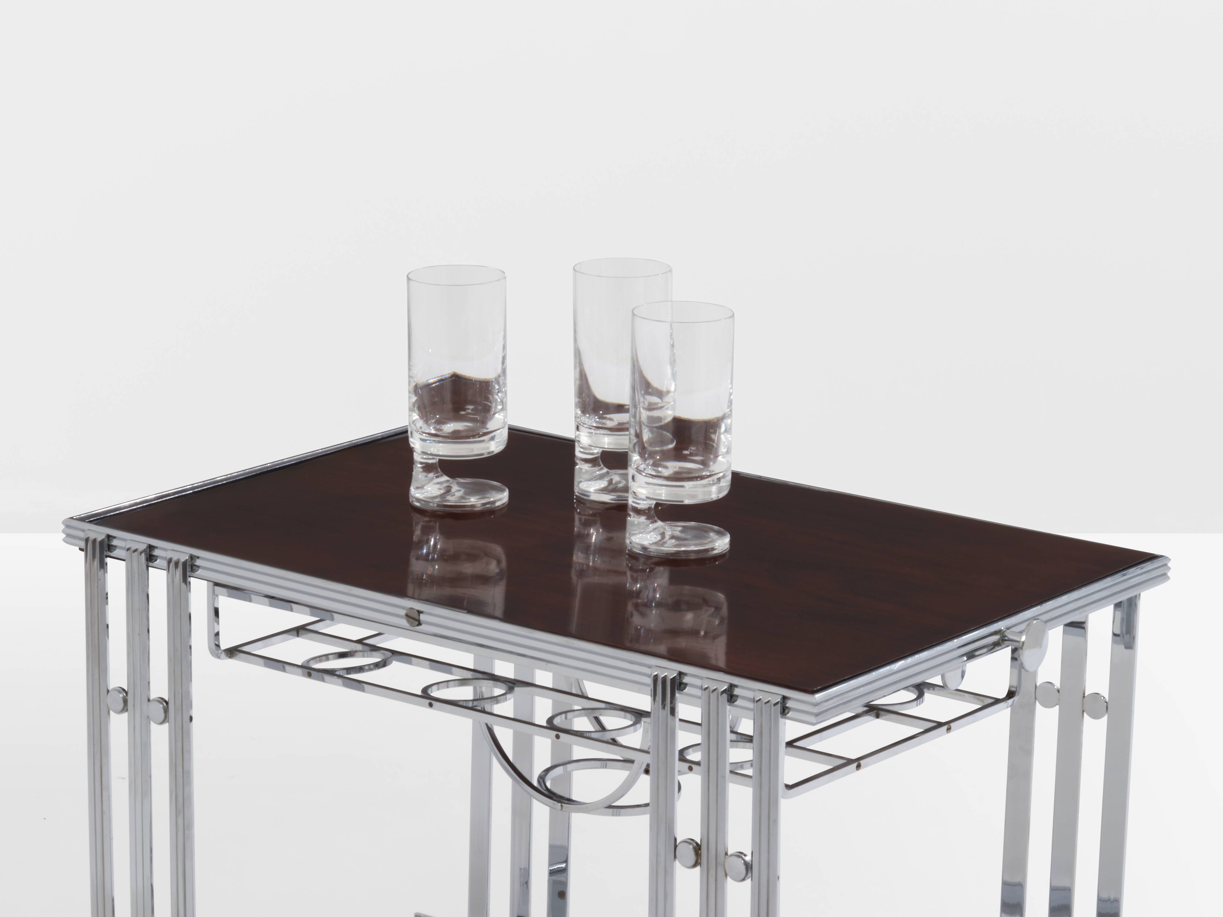 Modernist Art Deco walnut and nickel-plated metal bar table circa 1930