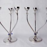 Pair of art deco candlesticks in stainless steel 3 flames and blue stones, Spain, 1970