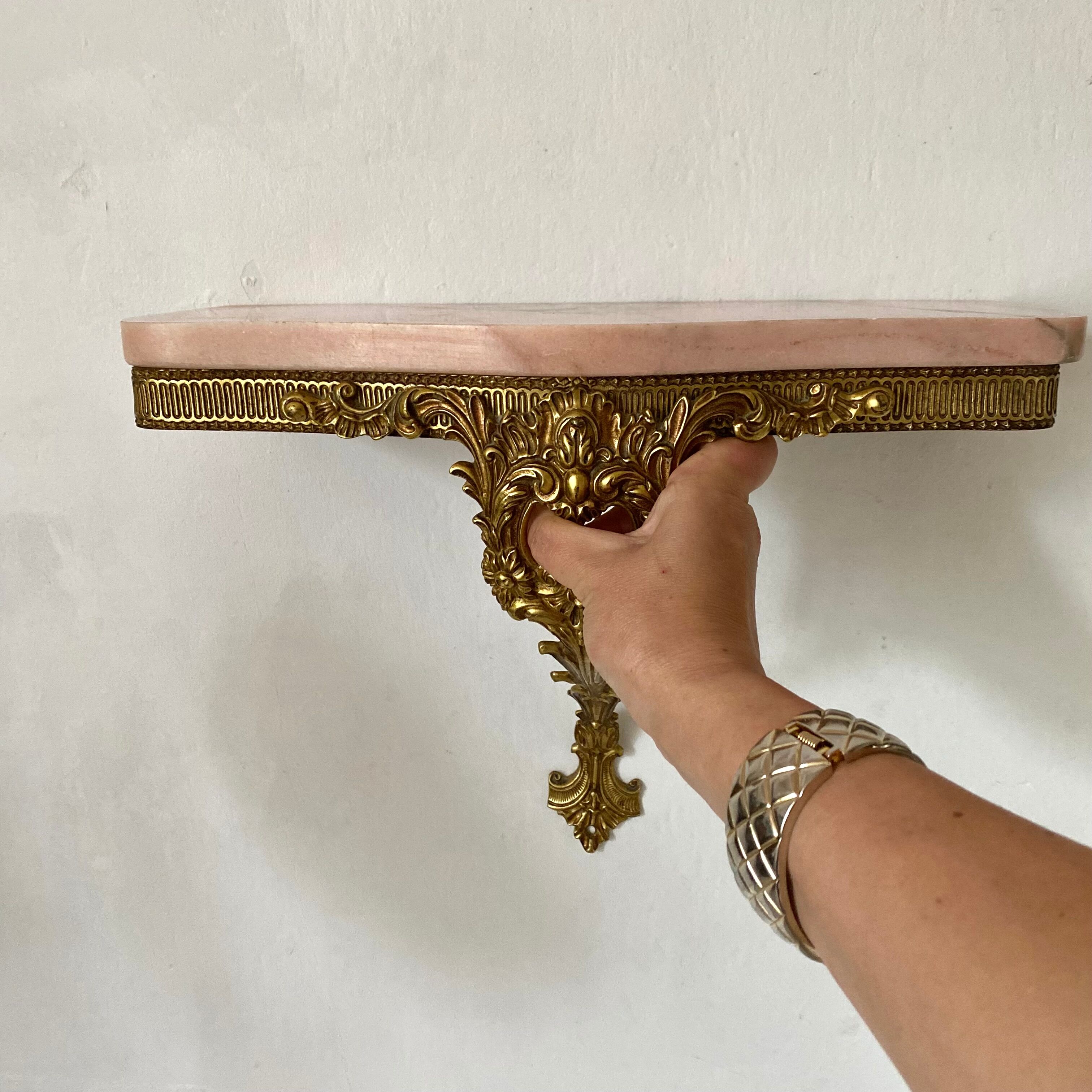 Baroque style wall console in pink marble and gilded metal