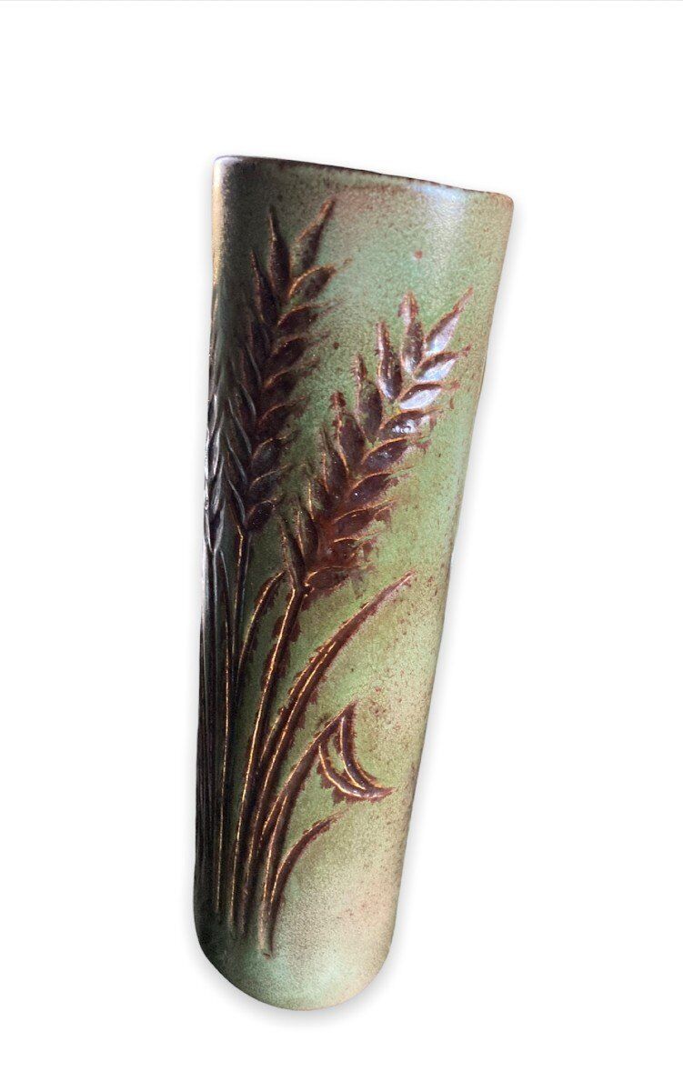 Vase rouleau fond vert midcentury, La Poterie PÉrigourdine