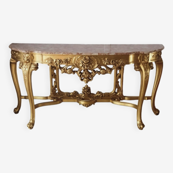 Large Louis XV Style Console in Gilded Wood & Leaf Carved, Marble Top