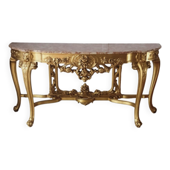 Grande console Style Louis XV en Bois doré & sculpté à la Feuille, Plateau en Marbre