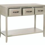 Rustic Ash Grey 3-Drawer Console Table with Storage Shelf in Solid Elm Wood