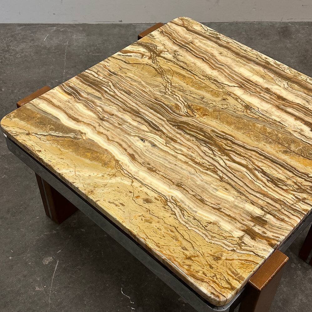 Italian 1970s coffee table in Breccia Sarda marble & steel legs – caramel tones
