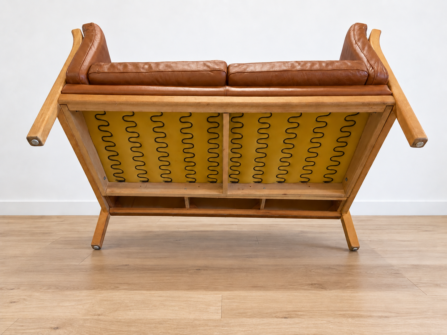 Vintage Danish 2 person sofa in cognac leather with oak frame