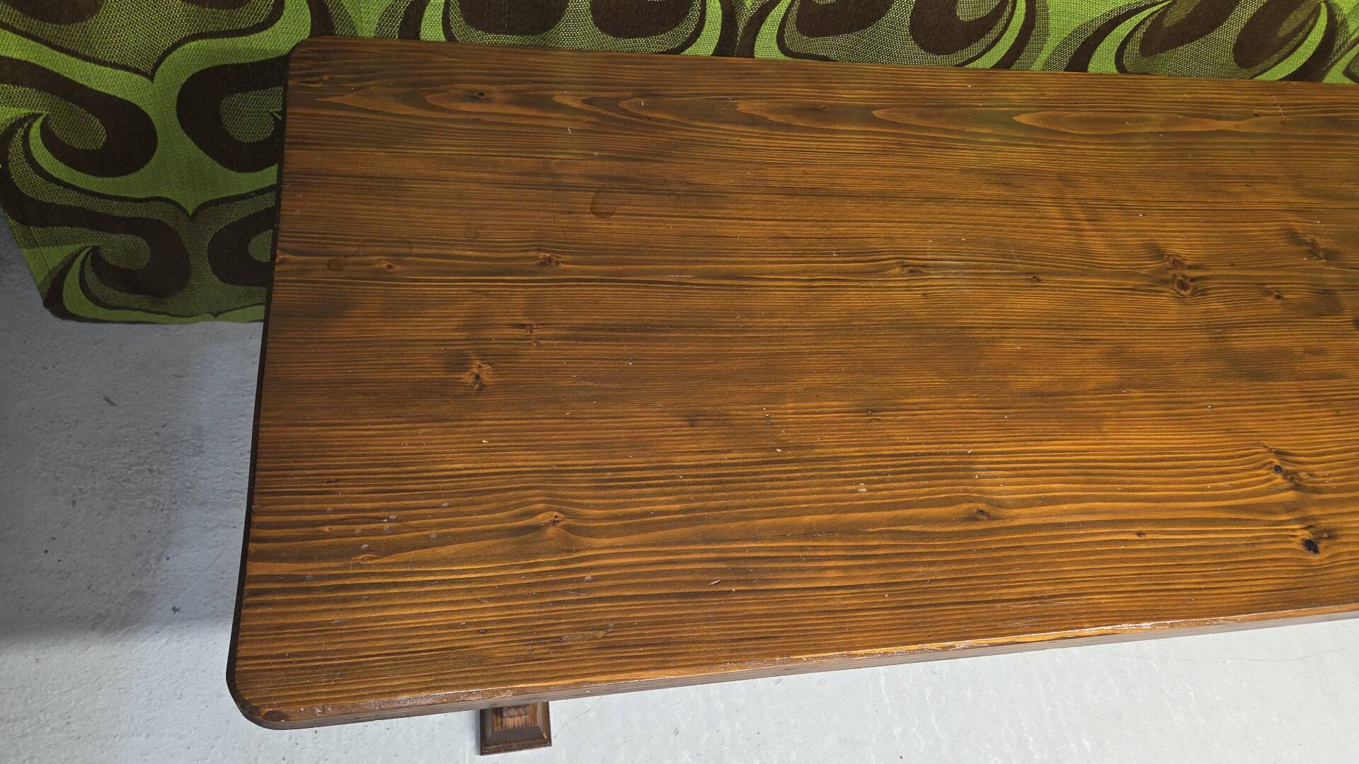 Large vintage table in solid pine, rustic brutalist, 70"