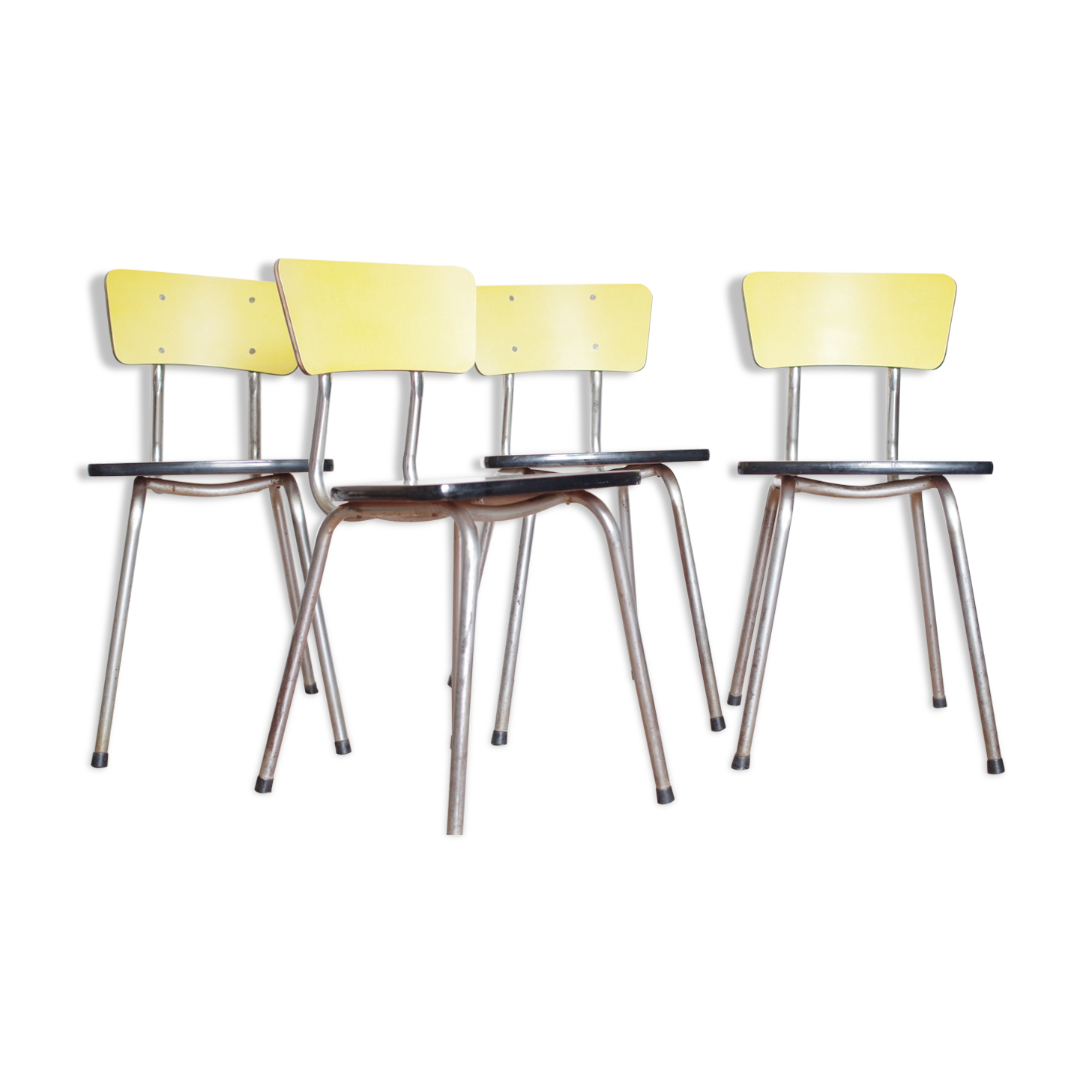 Série de 4 chaises en formica  bicolore jaune et blanc chiné