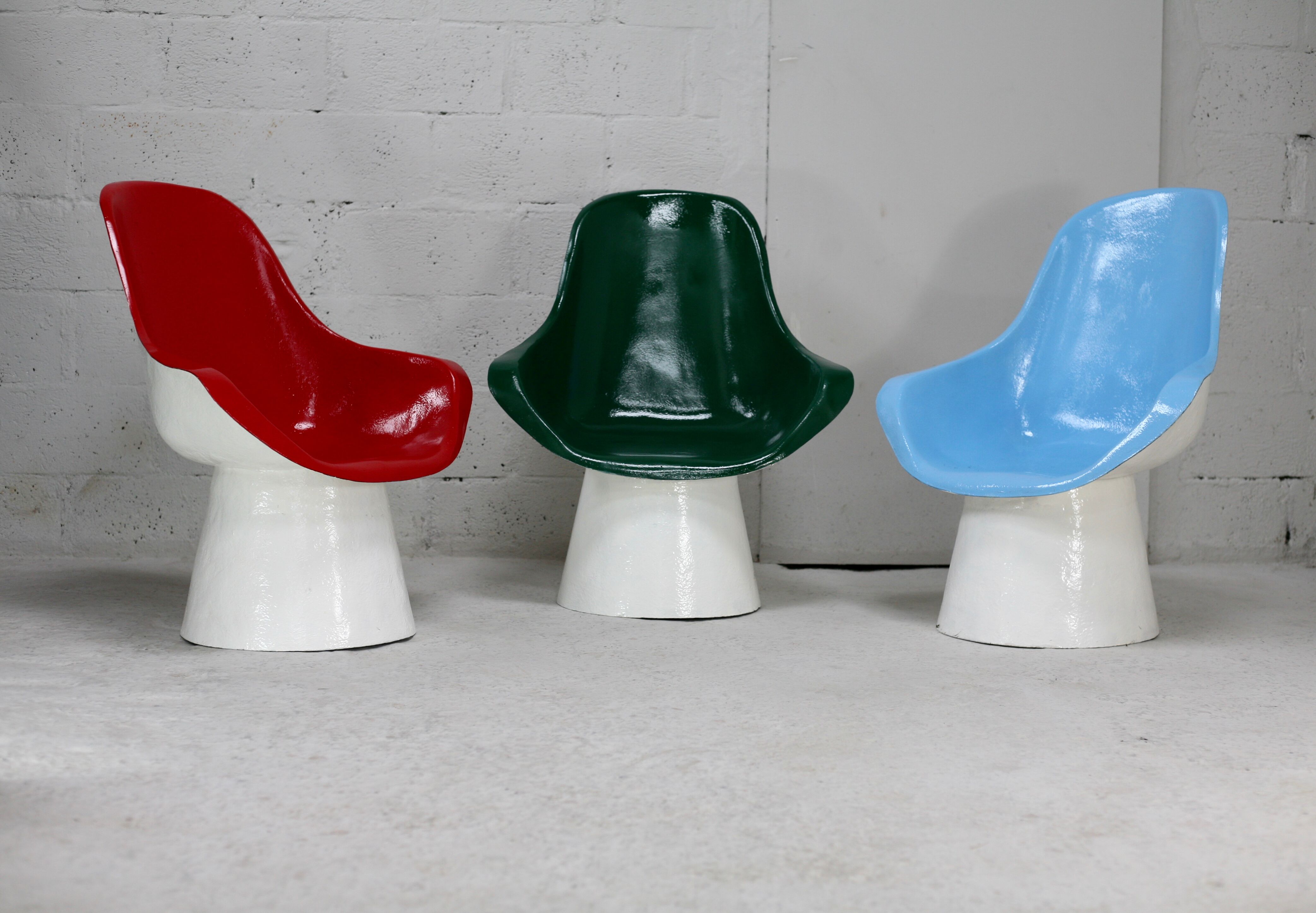 3 painted fiberglass “space age” armchairs. France, circa 1970