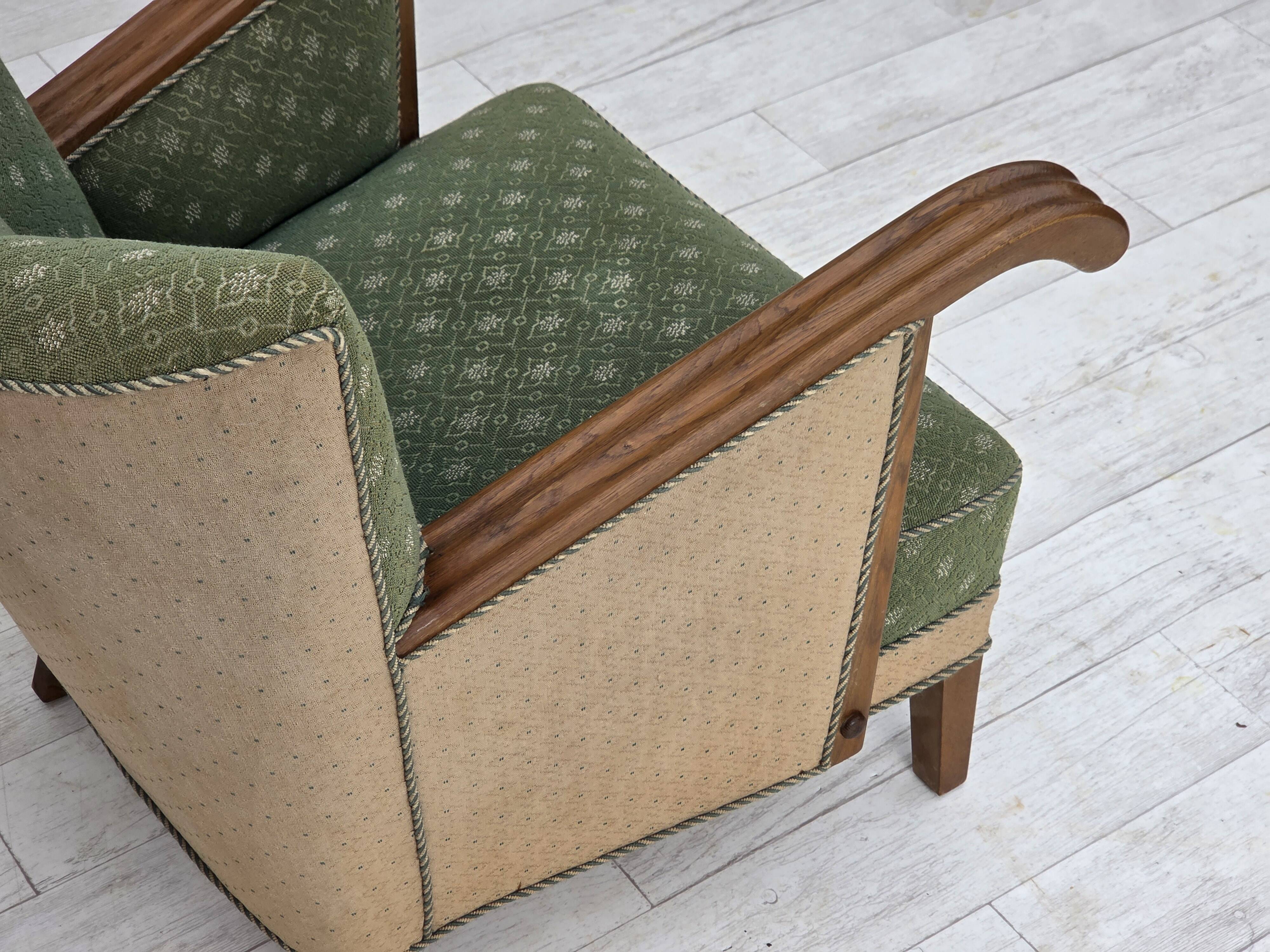 1950s, Danish armchair, original green/beige furniture wool, oak wood.