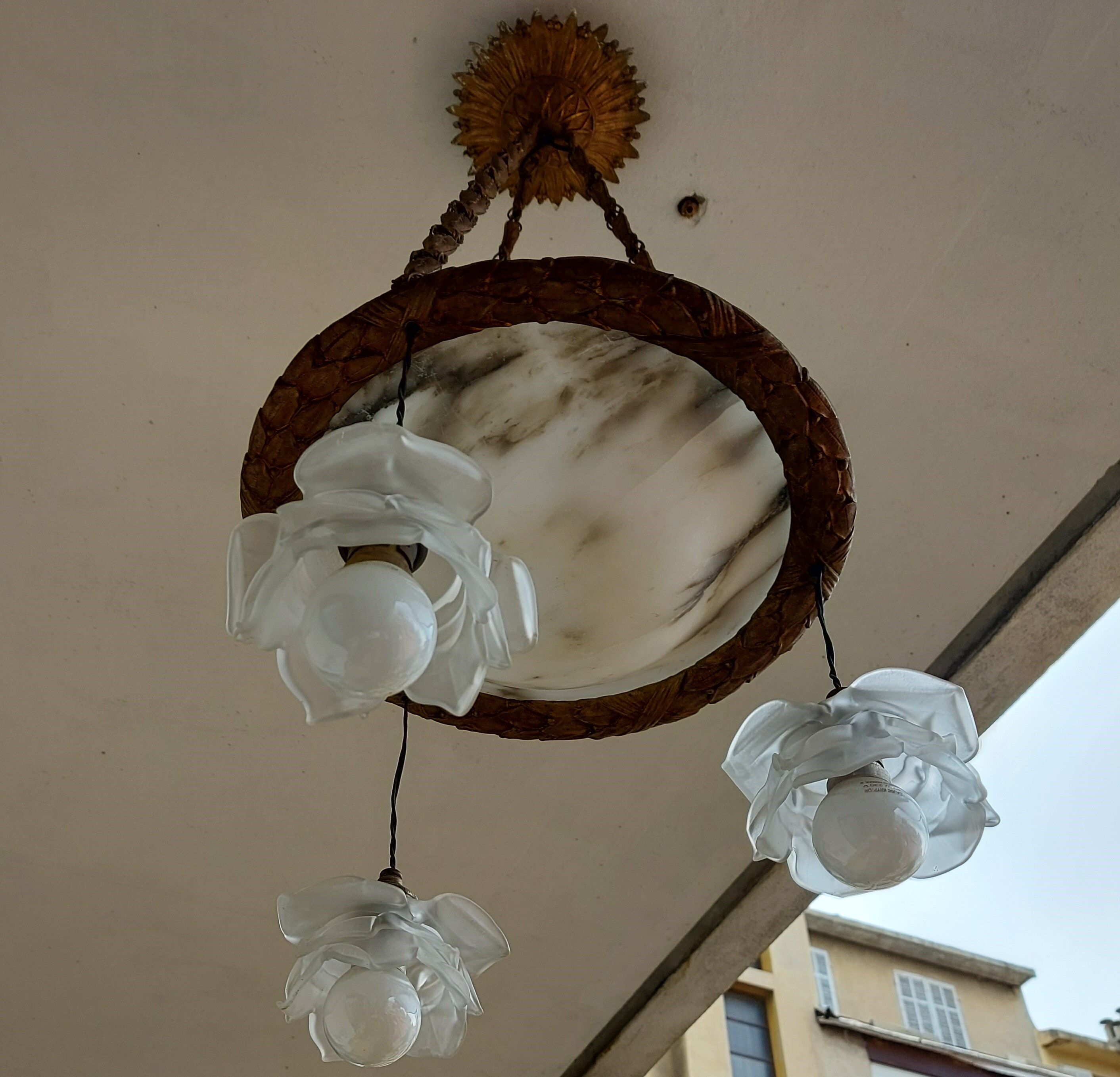art nouveau chandelier, alabaster shells, molded glass and bronze