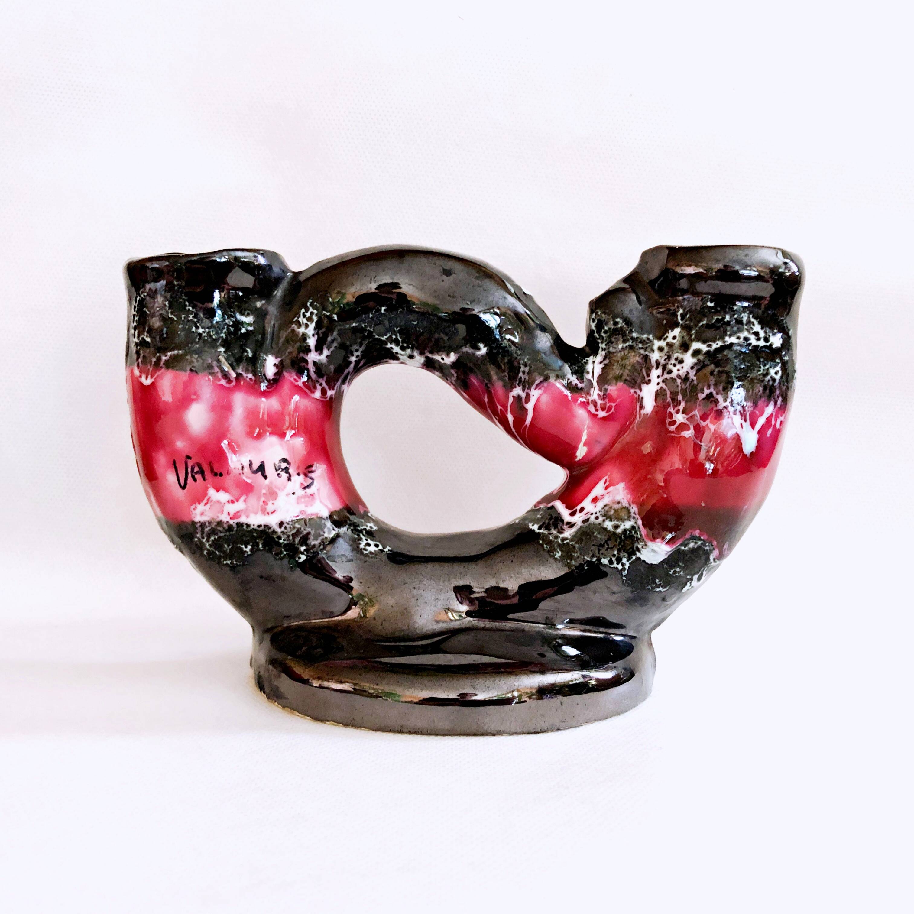 Vintage artisanal two-tone earthenware candle holder Vallauris France