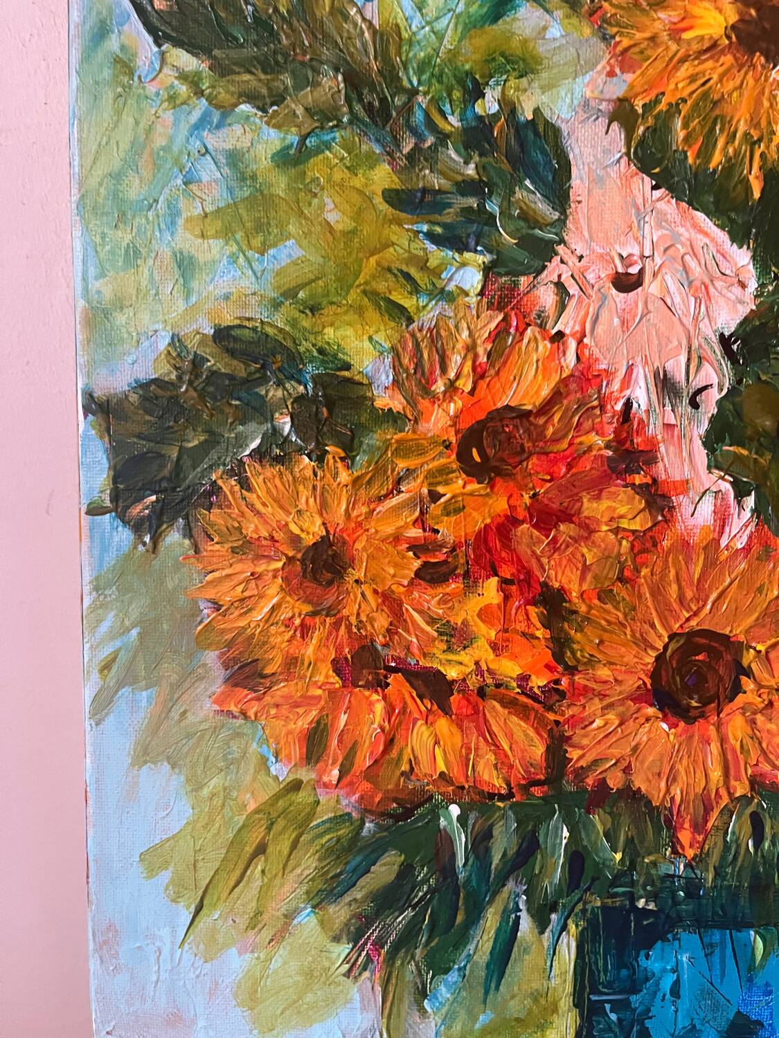 Sunflowers in a blue vase, knife technique, signed