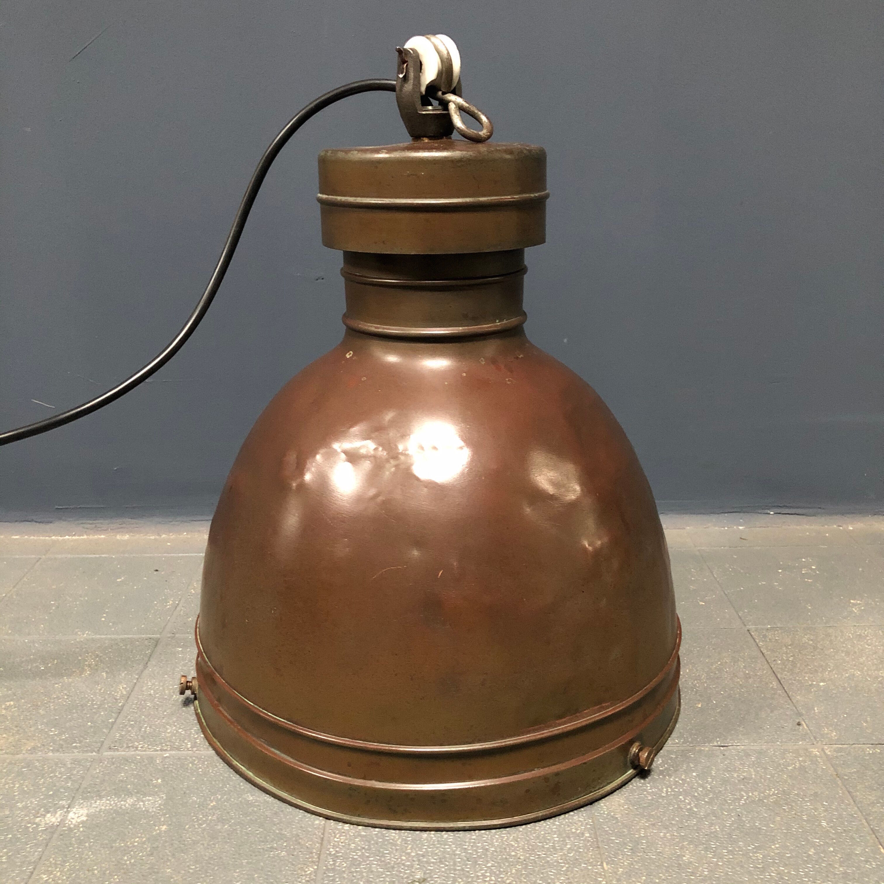 Old copper industrial church pendant light, Dutch 1930