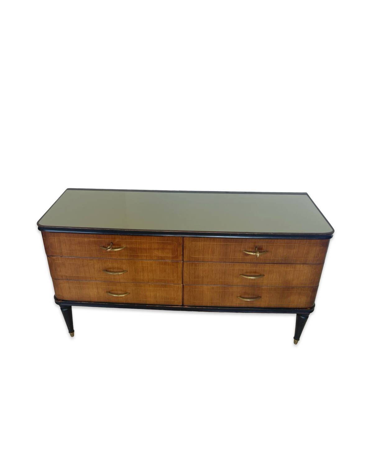 Commode en acajou plaqué avec plateau en verre vert, années 1950