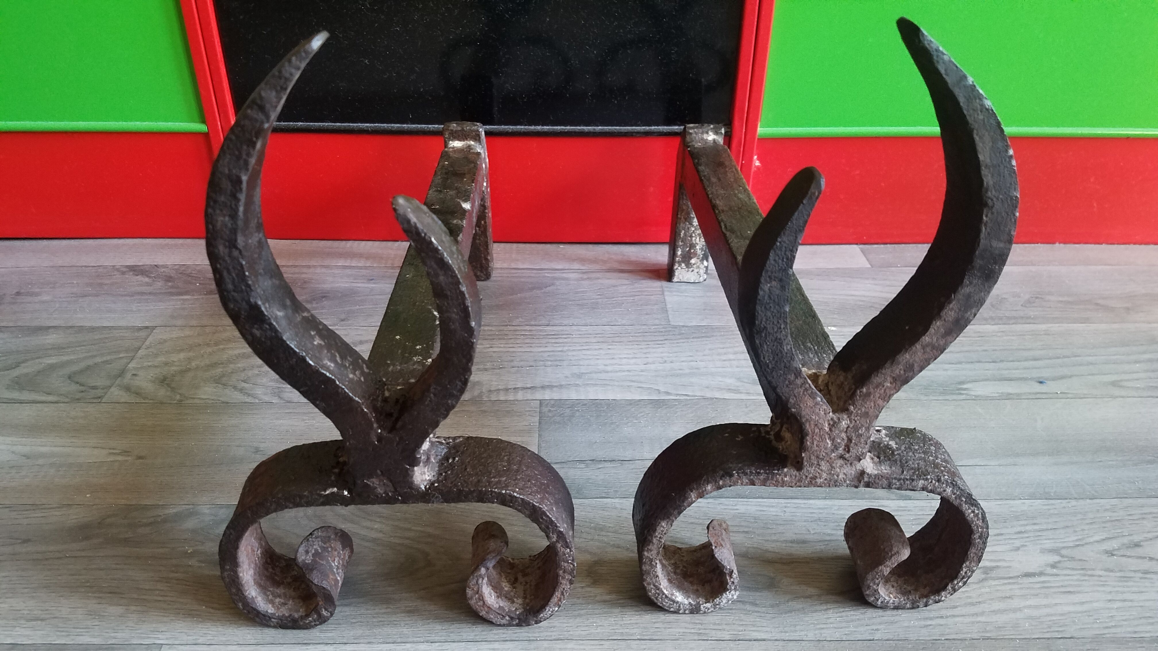 Pair of old wrought iron chenets