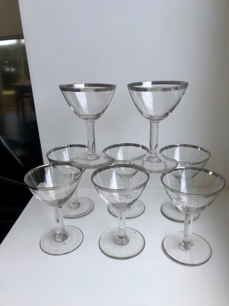 Set of 8 wine glasses with silver edging 50s