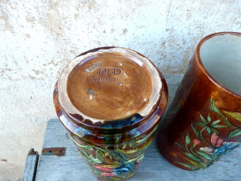 Pair of Palissy style vases school tours reliefs parrots