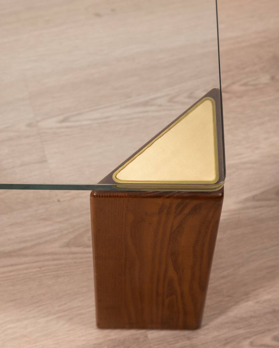 Vintage 80's table in wood, brass and glass, italian design