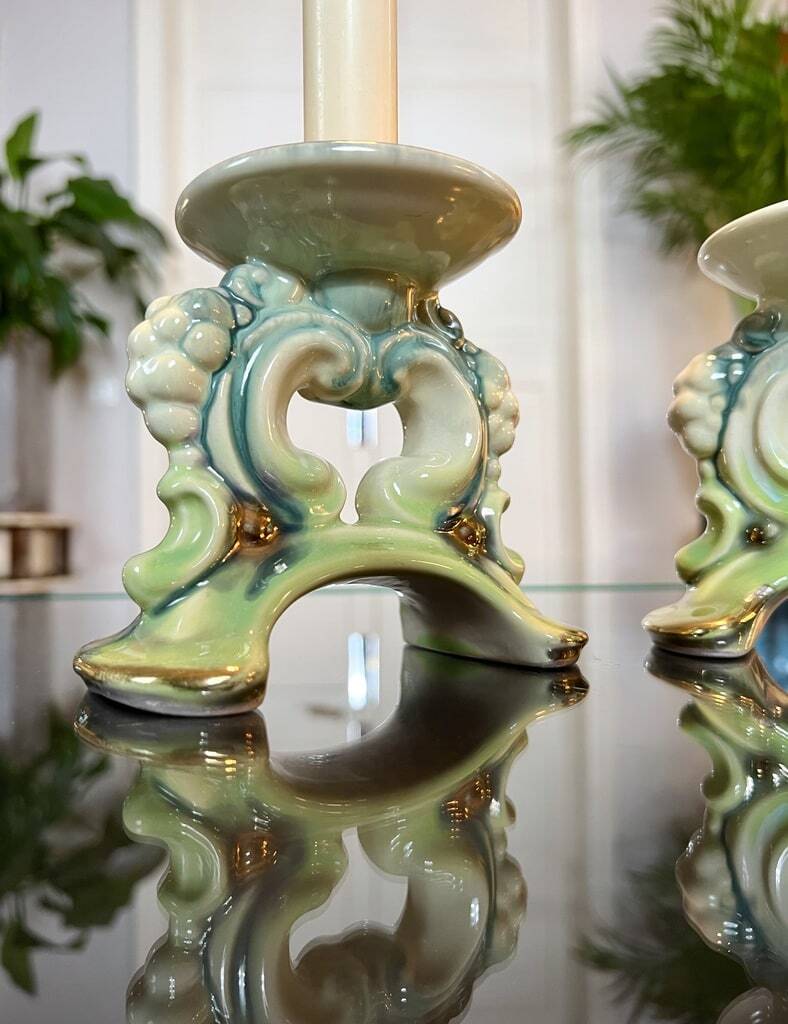 Paire de bougeoirs vintage - faïence céramique verte et bleue - bougies décoration