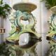 Paire de bougeoirs vintage - faïence céramique verte et bleue - bougies décoration