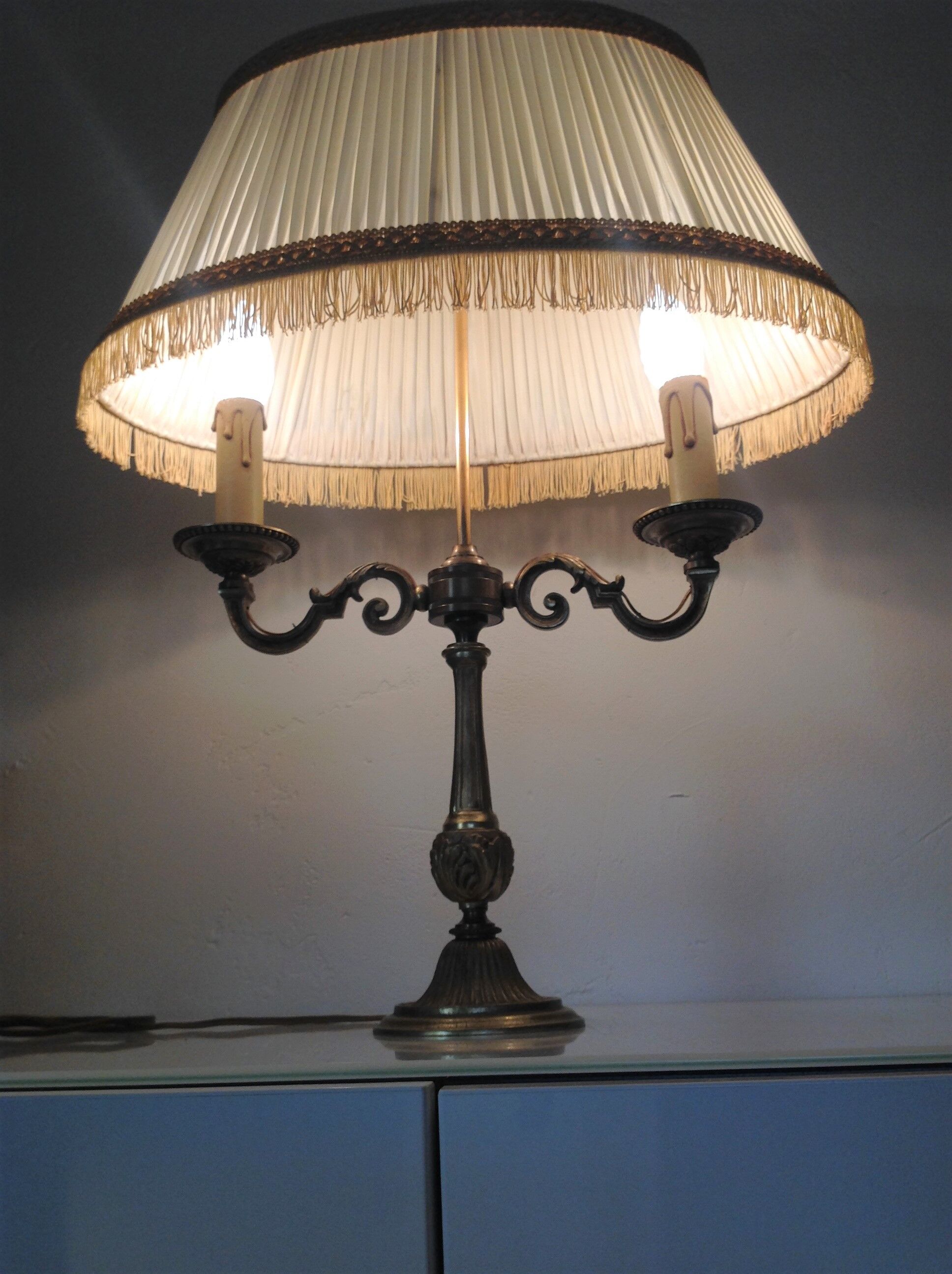 Empire style hot water bottle lamp with fabric lampshade / vintage 50-60s