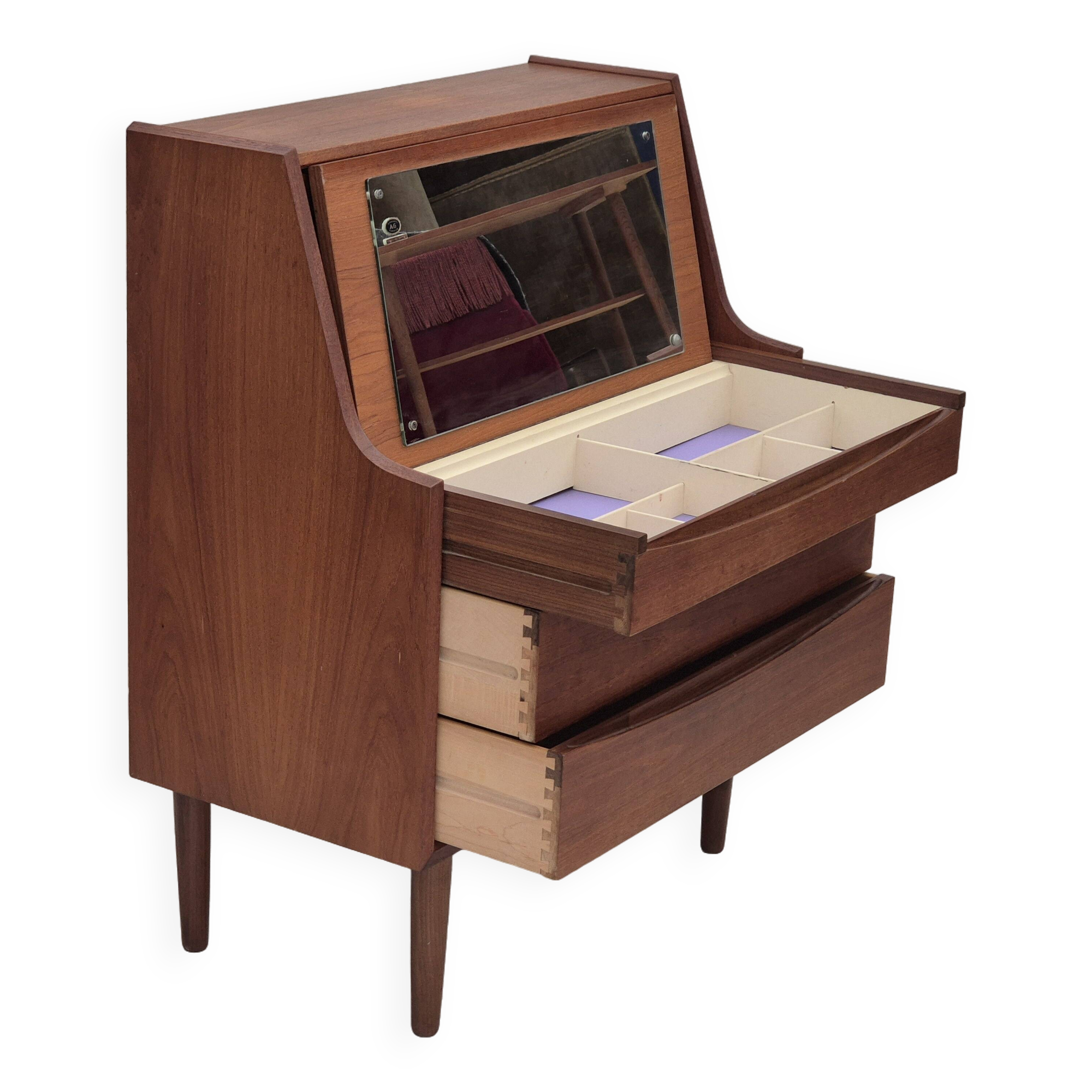 1960s, Danish chest of drawers, original condition, foldable mirror, solid teak wood.