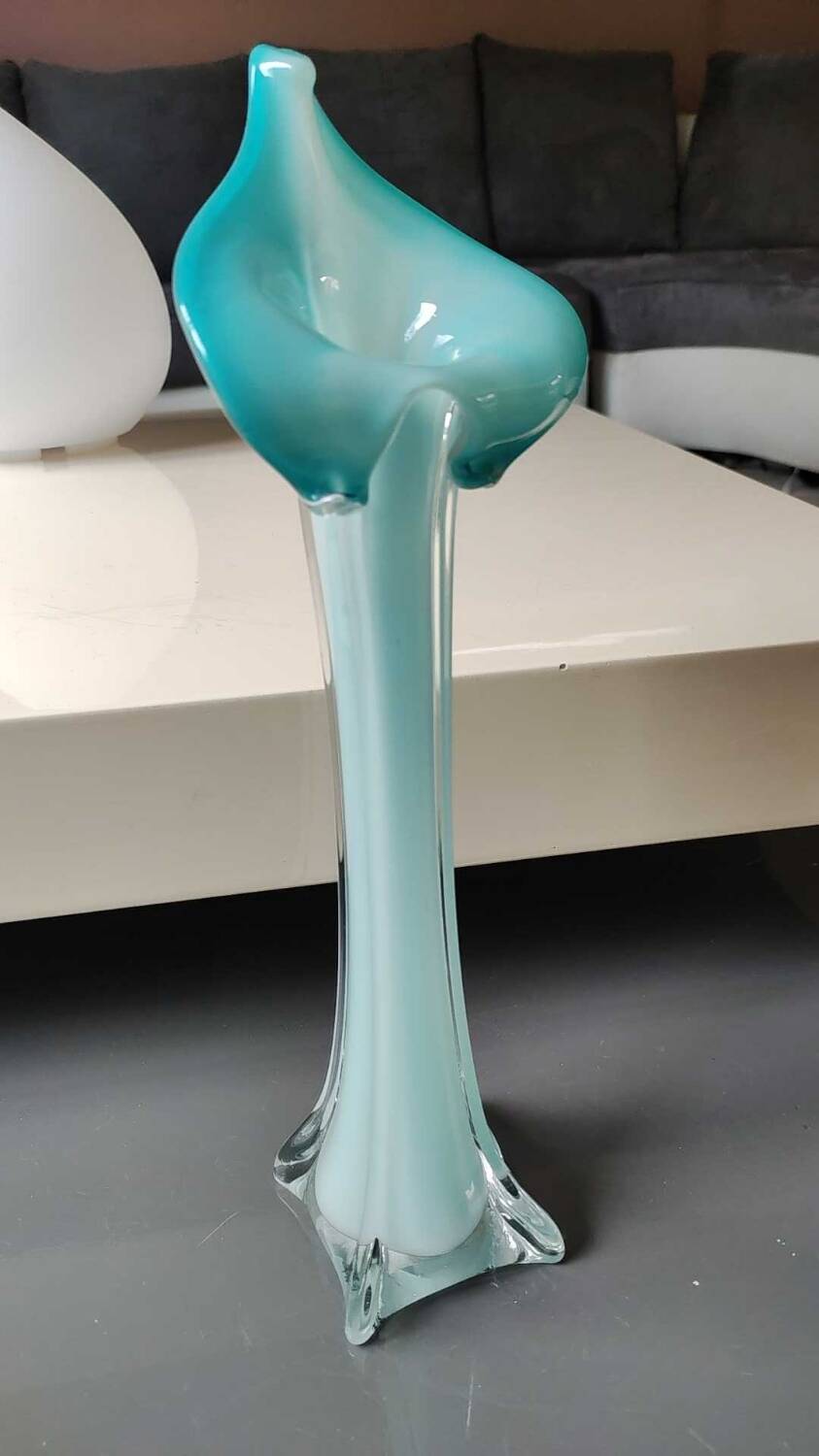 Soliflore vase in floral shape/Arum Flower. In opaline/blown glass. High 34 cm